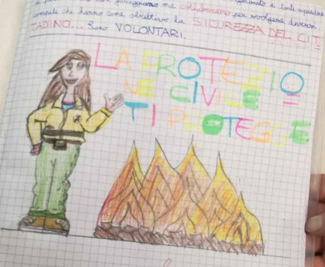 Disegno fatto da una bambina dell'Istituto comprensivo Anna Frank di Granarolo dell'Emilia per il progetto "A scuola di Protezione Civile"